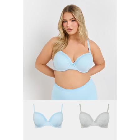 Yours 2 Pack Voorgevormde Tshirt Bh's Met Kanten Rand In Lichtblauw/Gemêleerd Grijssize 110G