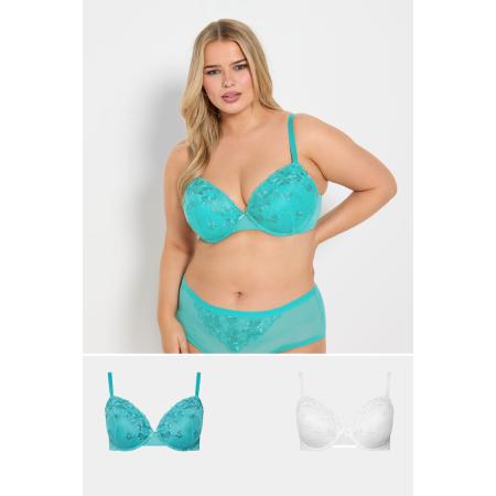 Yours 2 Pack Voorgevormde Bh's Met Geborduurd Bloemenkant In Blauw/Wit Size 110G