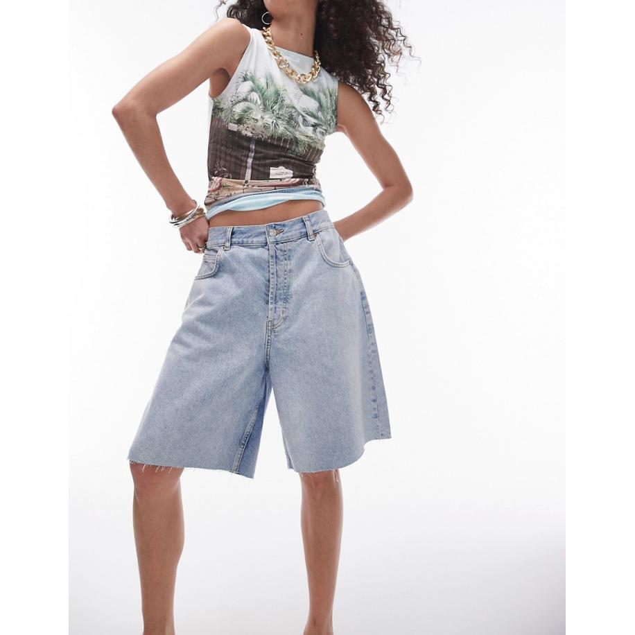 Topshop Losvallende denim short met bleekwassing-Blauw Blauw
