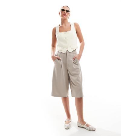 ASOS DESIGN Bermuda shorts van jersey en keperstof met wijde pijpen in stone-Neutraal