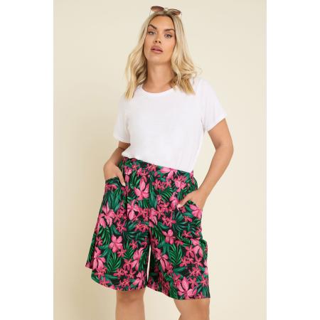 Yours Short Met Bloemenmotief Met Textuur En Wijde Pijpen In Groen/Roze Size 58-60