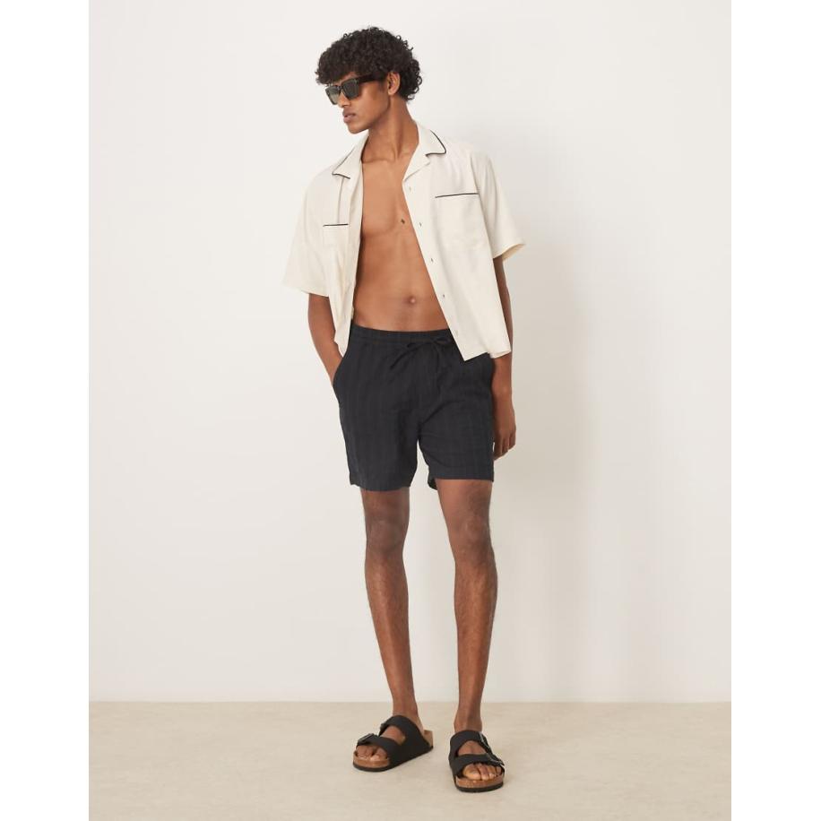 Abercrombie & Fitch - 6 inch short van linnenmix met textuur en trekkoord in zwart Zwart