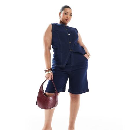 Renee Studio Plus Exclusive Short met lange pasvorm in denim met donkere wassing, deel van co-ord set-Marineblauw