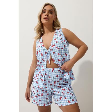 Limited Collection Geruite Short Met Kersenprint En Hoge Taille In Lichtblauw Size 58-60