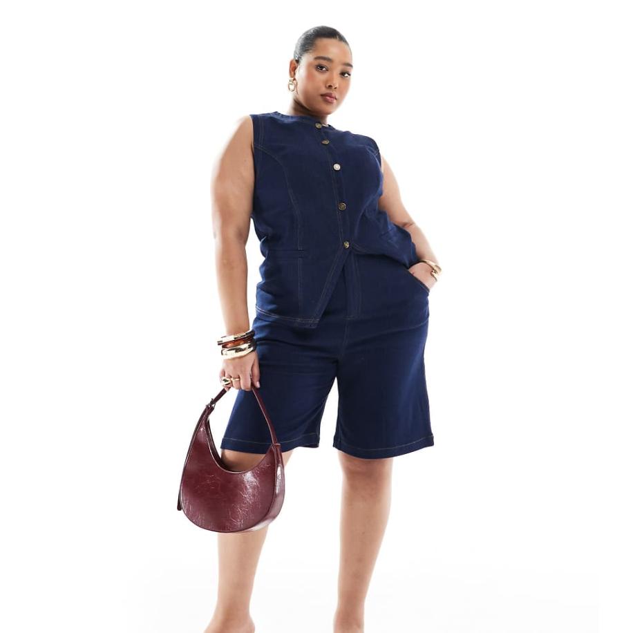 Renee Studio Plus Exclusive Short met lange pasvorm in denim met donkere wassing, deel van co-ord set-Marineblauw Blauw