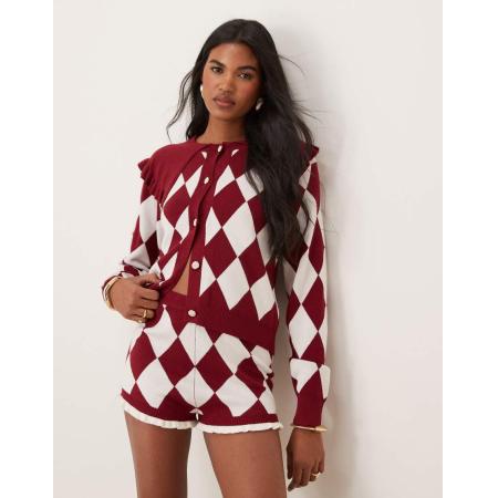 Neon Rose Vest met kraagje en harlequin argyle-ruit in bordeauxrood