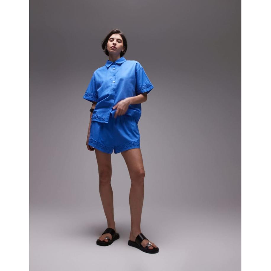 SNDYS Short van linnenmix met bloemen in blauw, deel van co-ord set Blauw