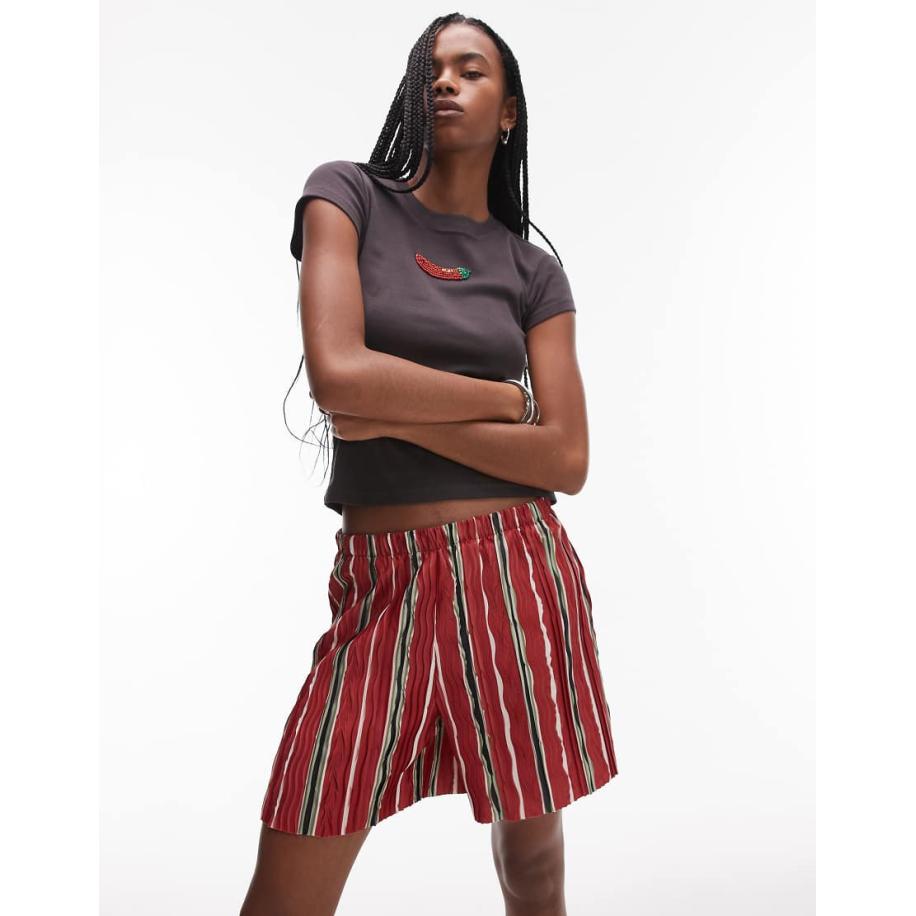 Topshop Gestreepte plissé short met wijde pijpen in rood Rood