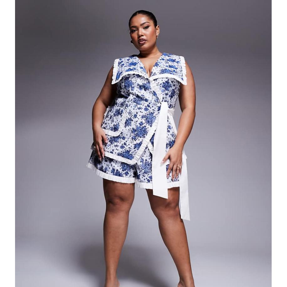 ASOS LUXE Curve Jacquard short met popeline en contrast in blauwe bloemenprint, deel van co-ord set Blauw