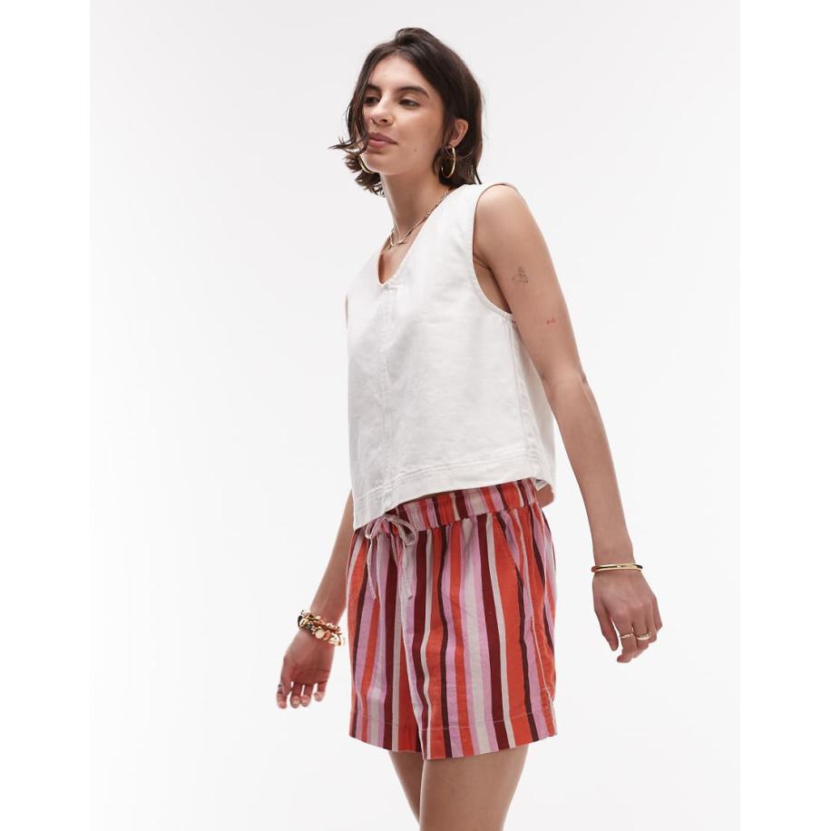 Topshop Shorts van linnenmix met hoge taille en trekkoord in roze streep Roze
