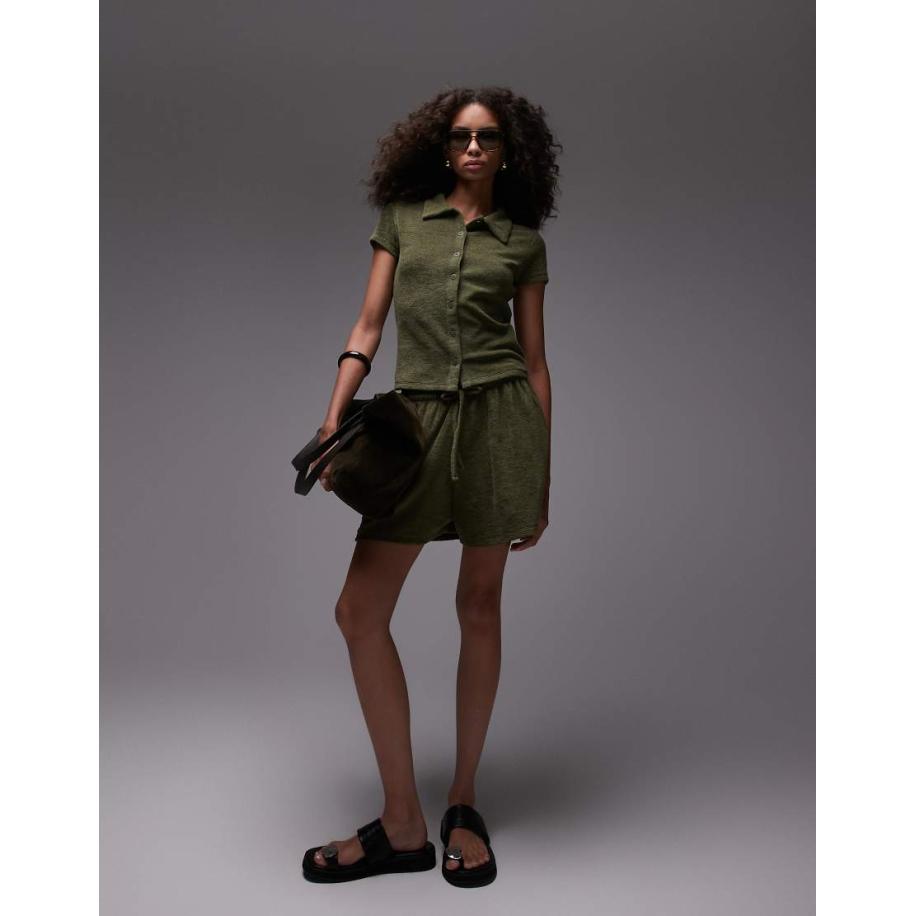 Topshop Shorts van badstof met trekkoord in kaki-Groen Groen