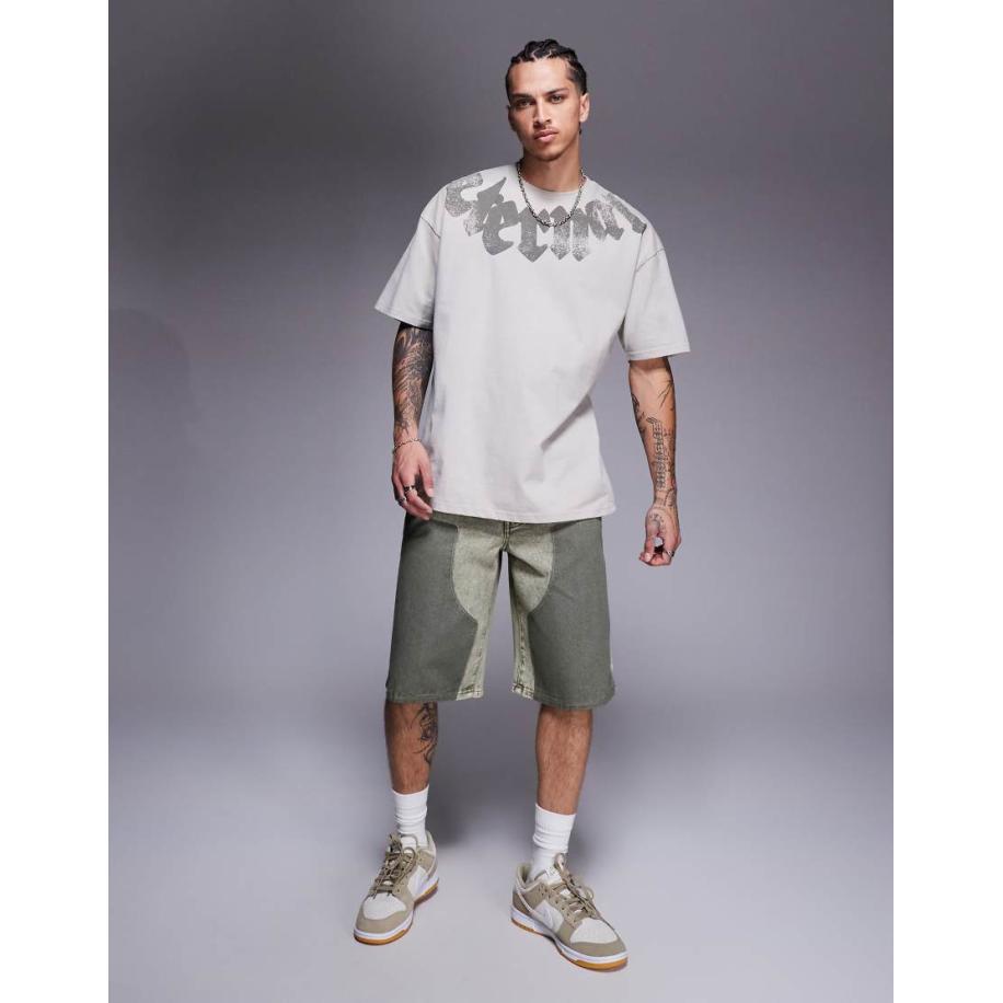 Liquor N Poker - Ruimvallende denim timmermansshorts in kaki-Groen Groen