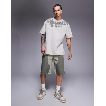 Liquor N Poker - Ruimvallende denim timmermansshorts in kaki-Groen