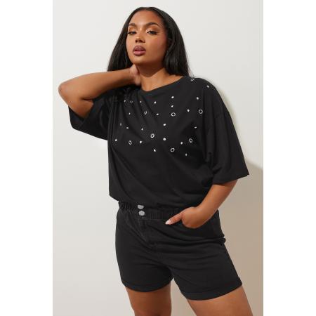 Yours Denim Short Met Omslag En Elastische Tailleband In Zwarte Wassing Size 62-64