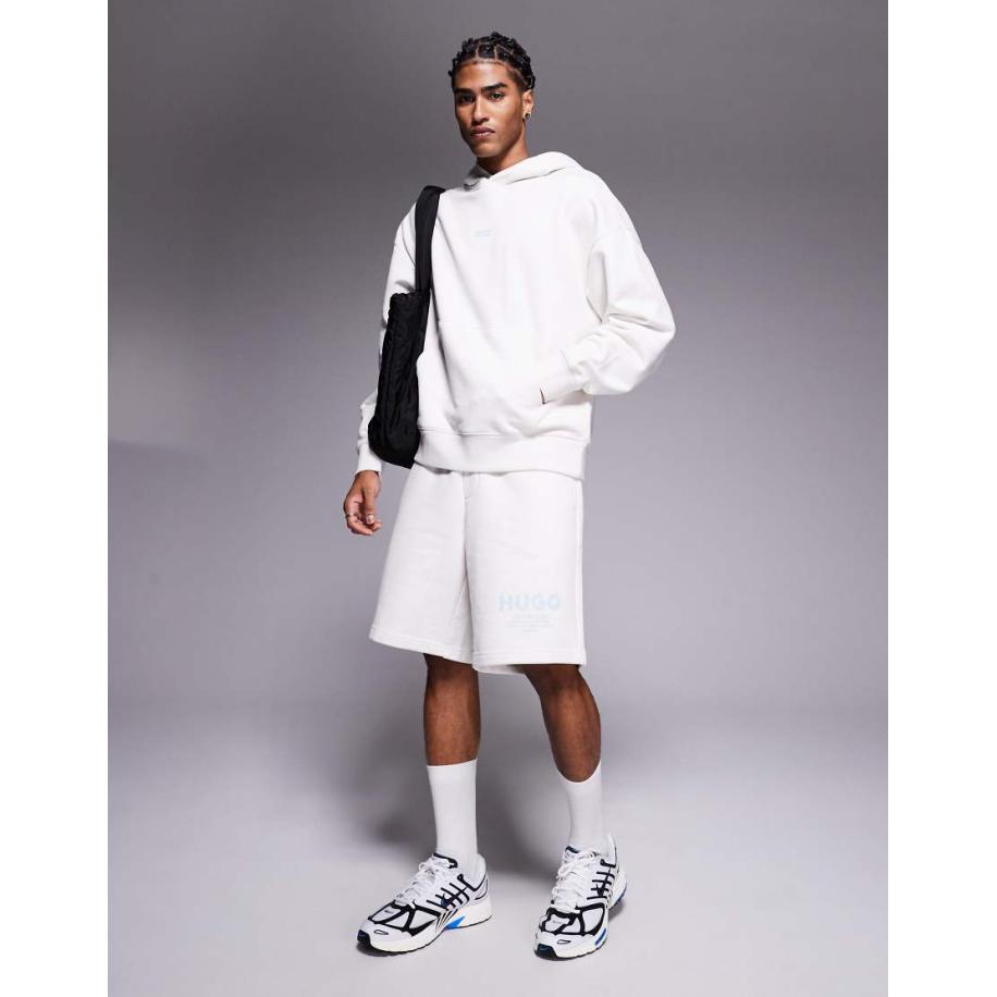 Hugo Blue - Losse jersey short in stone met blauw logo, deel van co-ord set-Neutraal Multicolor