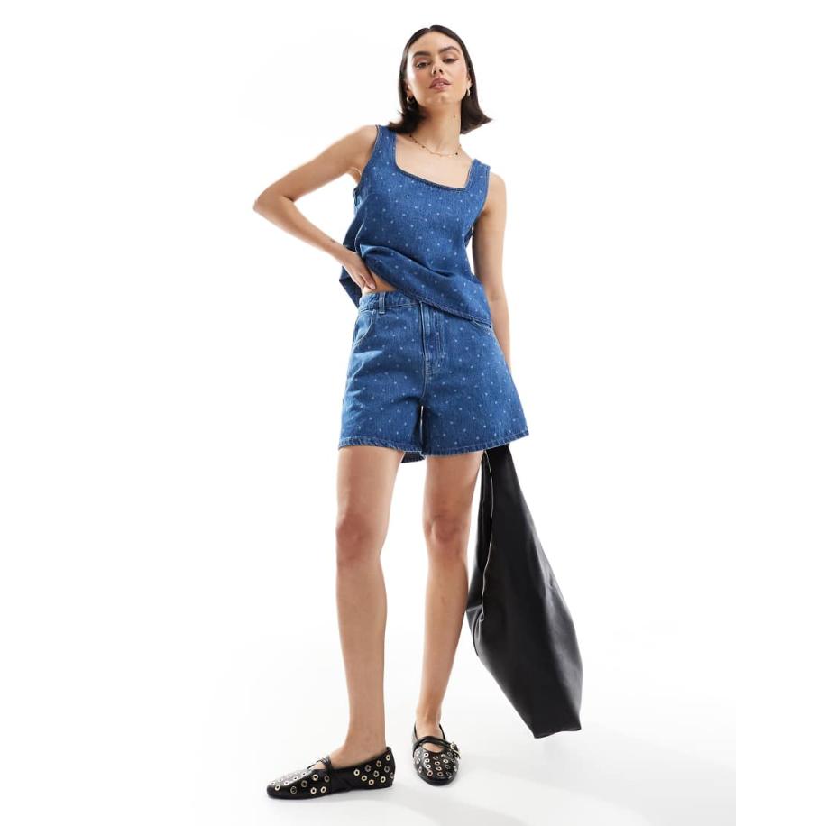 ASOS DESIGN Denim dad short met stippen in blauw Blauw
