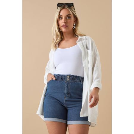 Yours Denim Short Met Omslag En Elastische Tailleband In Middenblauw Size 62-64