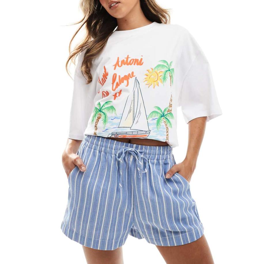 Threadbare Gestreepte short met linnenlook en elastische taille in blauw en wit Blauw