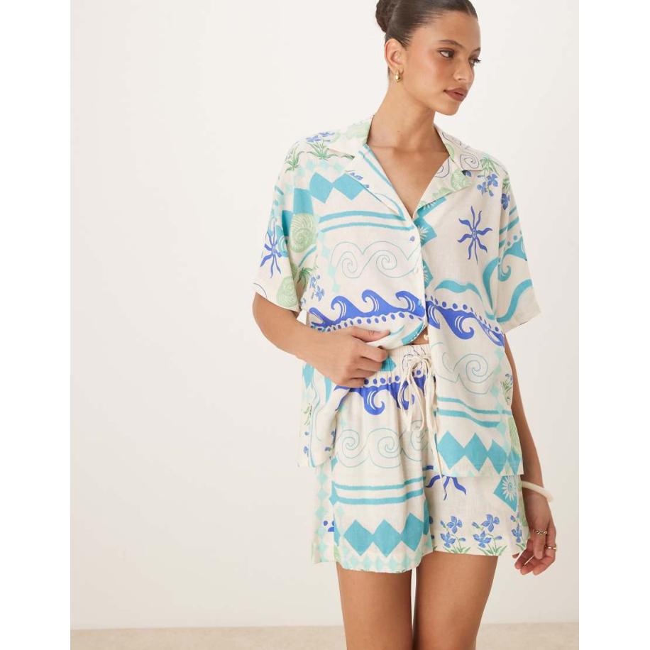 Nobody's Child Jet Shorts van linnenmix met print in wit en blauw, deel van co-ord set-Veelkleurig Multicolor