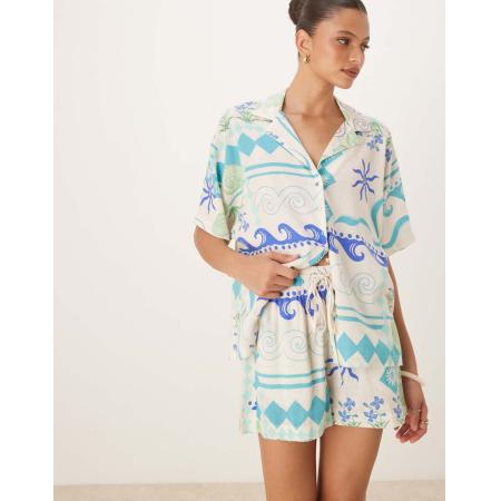 Nobody's Child Jet Shorts van linnenmix met print in wit en blauw, deel van co-ord set-Veelkleurig