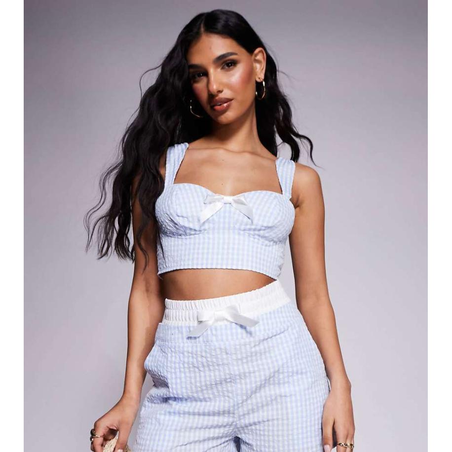 Kaiia Exclusives Short van seersucker met gingham ruit, boxer-tailleband en strikdetail in blauw, deel van co-ord set Blauw