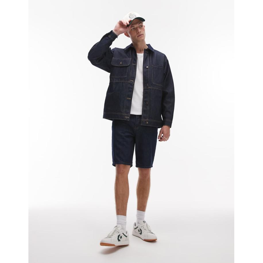 Topman - Denim short met rechte pijpen in raw-Marineblauw Blauw