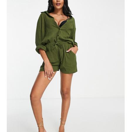Esmée Exclusieve strandshorts in khaki, deel van co-ord set-Groen