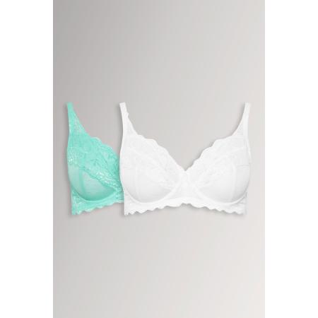 Yours 2 Pack Mesh Bh's Met Kant En Beugel In Blauwgroen/Wit Size 95C