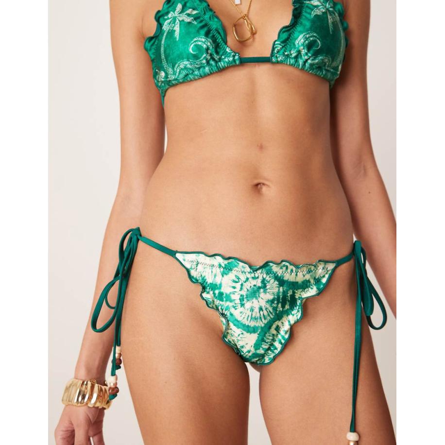 Kulani Kinis Emerald Tides String-bikinibroekje met striksluiting en golvende rand in donkergroen Groen
