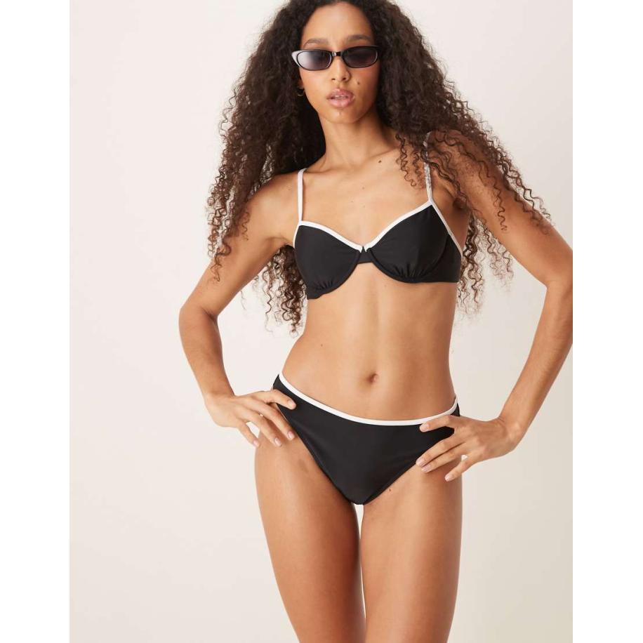 Abercrombie & Fitch Bikinibroekje met halfhoge taille en contrasterende afwerking in zwart, deel van co-ord set Zwart
