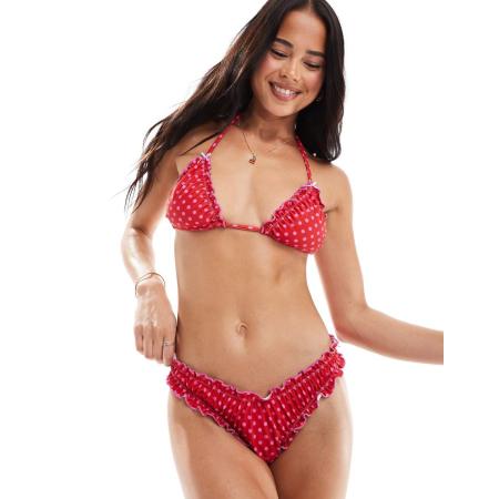 The Frolic Exclusives Bikinibroekje met geschulpte rand in rood met roze stippen print, deel van co-ord set
