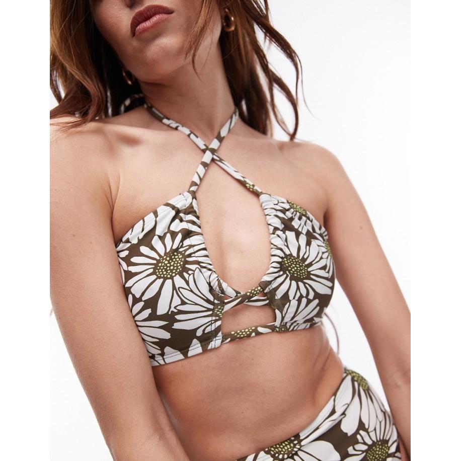 Topshop Bikinitopje met halternek en madeliefjesprint in kaki-Veelkleurig Multicolor
