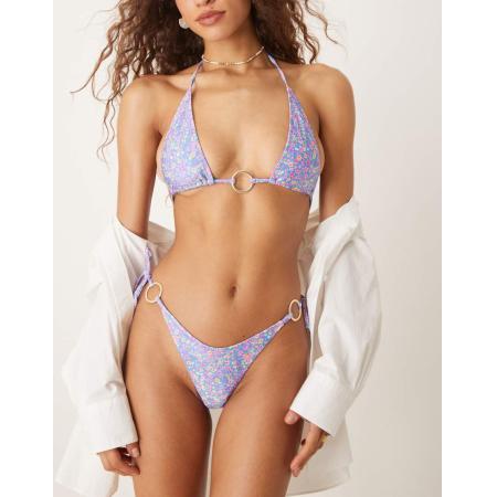 Kulani Kinis Bubblegum Blossom Glinsterend bikinibroekje met bloemetjes en ringen en touwtjes aan de zijkant in multi-Veelkleurig