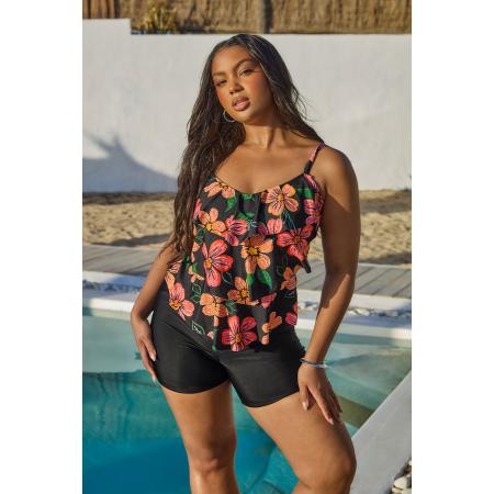 Yours Tankinitop Met Bloemenmotief En Ruches In Zwart/Rood Size 58-60