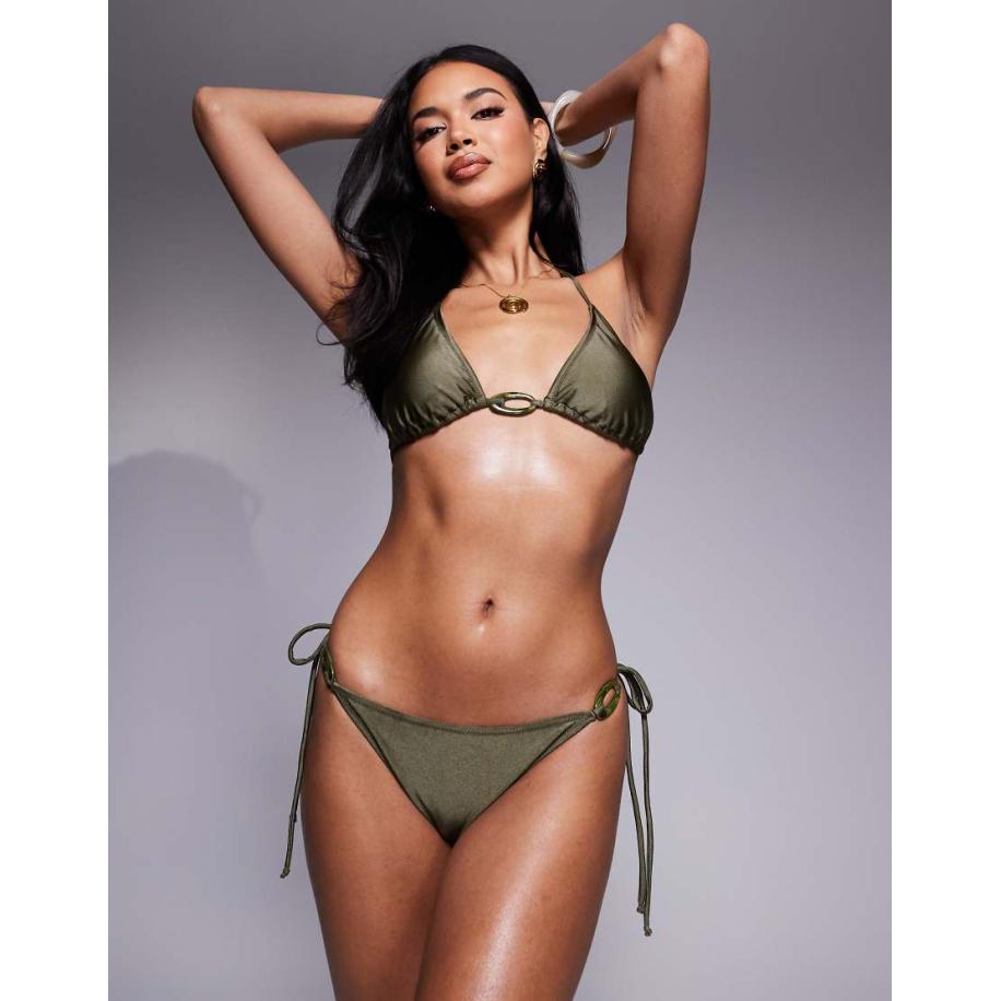 Candypants Bikinibroekje met gestrikte zijkant en gouden schijfje in olijfgroen Groen