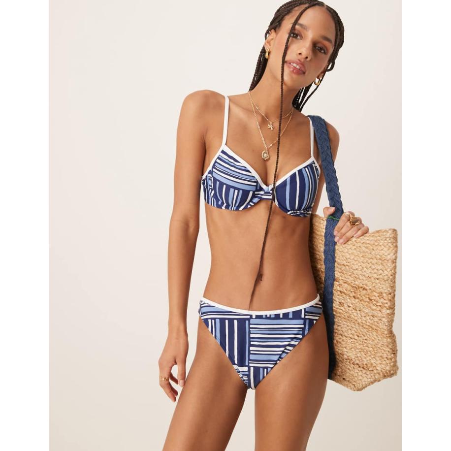 Abercrombie & Fitch Bikinibroekje met halfhoge taille, contrasterende afwerking en streepprint in blauw, deel van co-ord set Blauw