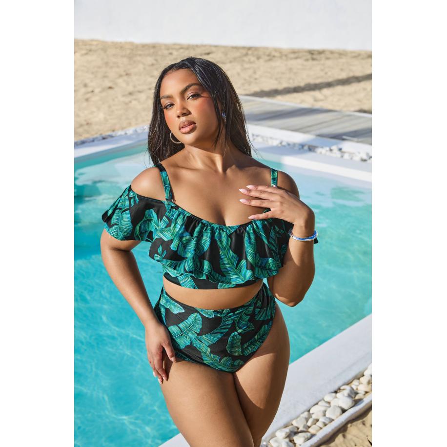 Yours Bikinitop Met Bladerprint En Ruches In Groen/Zwart Size 58-60 Groen