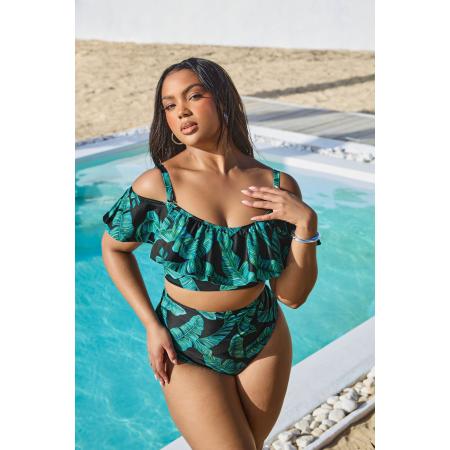 Yours Bikinitop Met Bladerprint En Ruches In Groen/Zwart Size 58-60