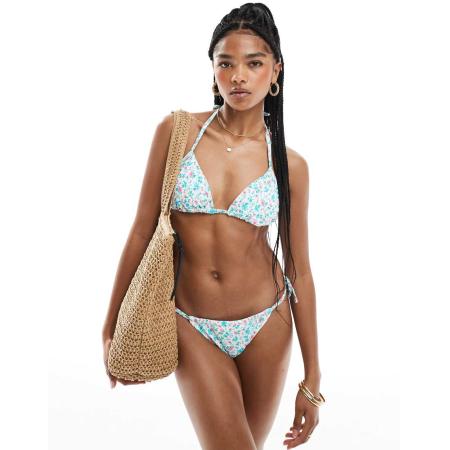 New Look Triangel bikinitop met fijne bloemenprint in blauw en roze-Wit