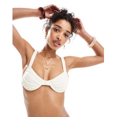 Miss Selfridge Mix en match Bikinitopje met gerimpelde cups in crème-Wit