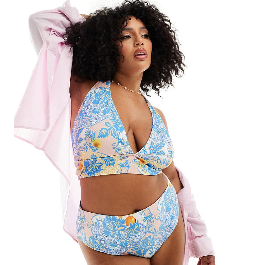 ASOS DESIGN Curve Hailey Triangel bikinitopje met hoge cups in barok-Veelkleurig Multicolor