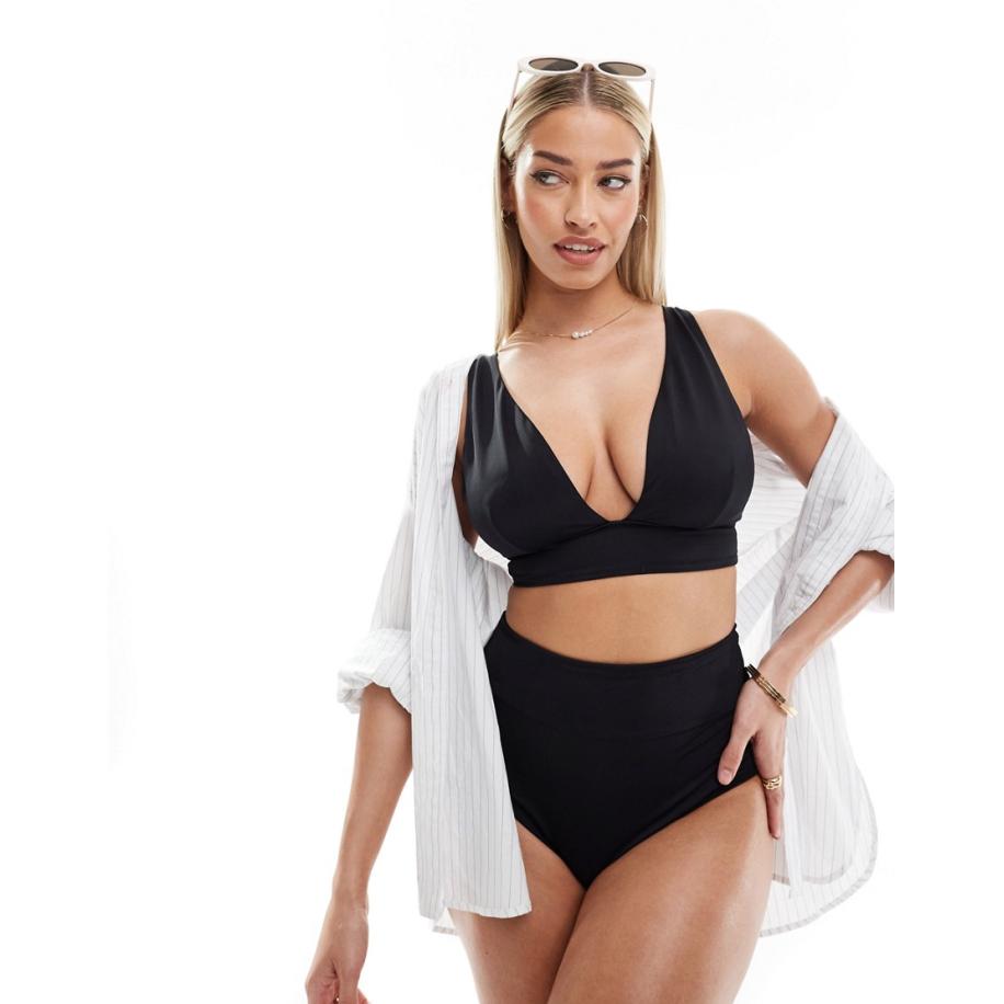 ASOS DESIGN Maya Vollere buste Mix en match Glad diepuitgesneden bikinitopje in zwart Zwart