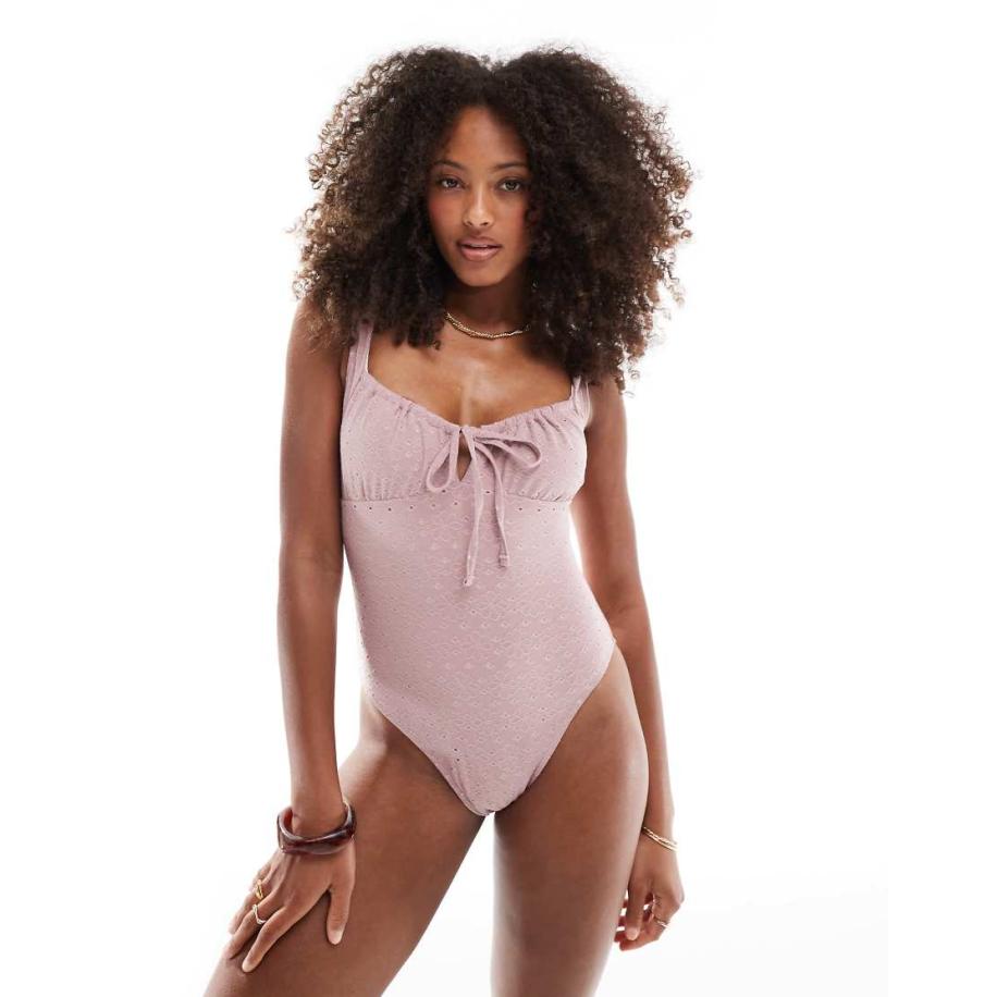Miss Selfridge Badpak met gehaakte textuur en gestrikte voorkant in taupe-Bruin Bruin