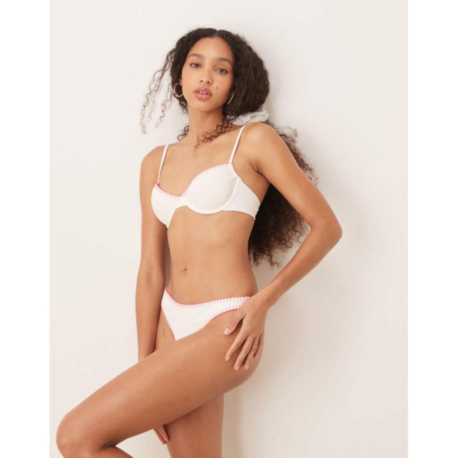 Stradivarius Balconette-bikinitopje met stiksels in wit en roze-Veelkleurig Multicolor
