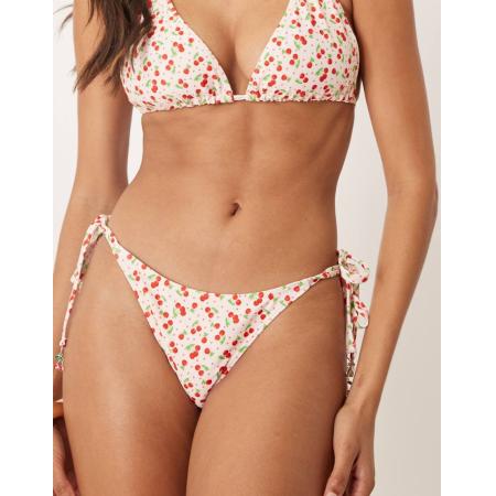 Peek & Beau Vollere Cupmaten Bikinibroekje met kersenprint en gestrikte zijkanten in roze