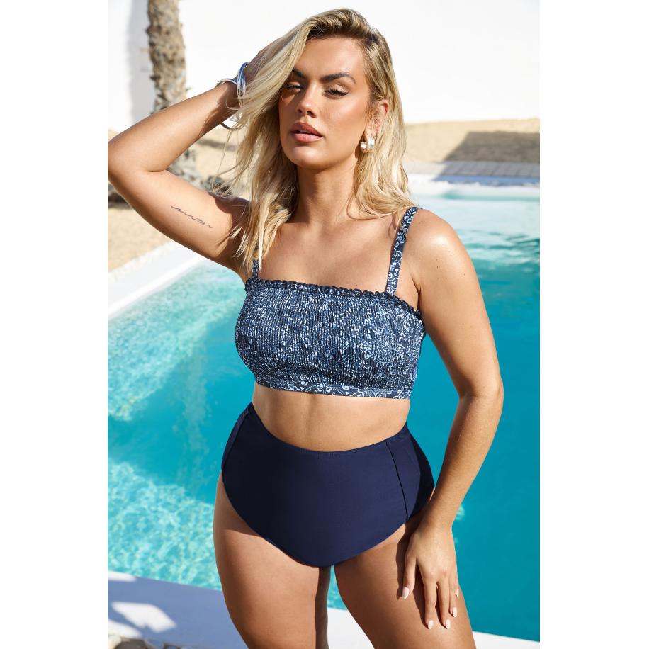 Yours Gesmokte Bandeau Bikinitop Met Aztec Print In Donkerblauw Size 24 Blauw