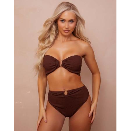 Wolf & Whistle x Abby Benson Vollere buste Bikinibroekje van kreukelstof met hoge taille en gouden afwerking in bruin