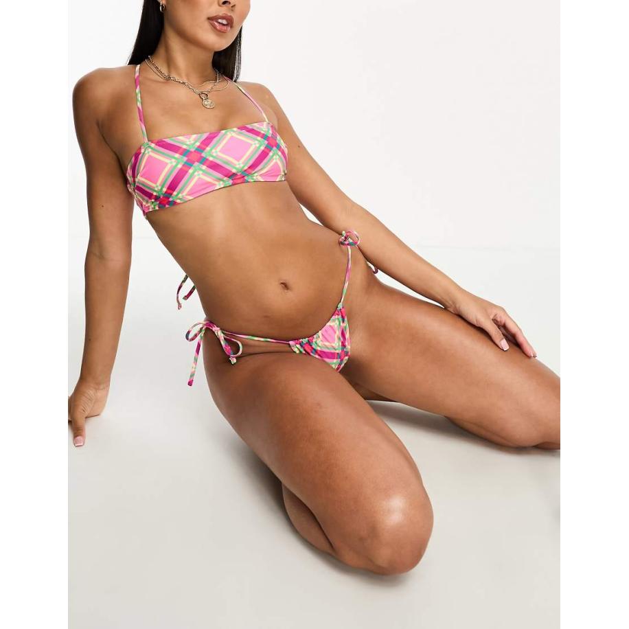 Only Geruit bikinibroekje met strikbandjes opzij in roze-Veelkleurig Multicolor