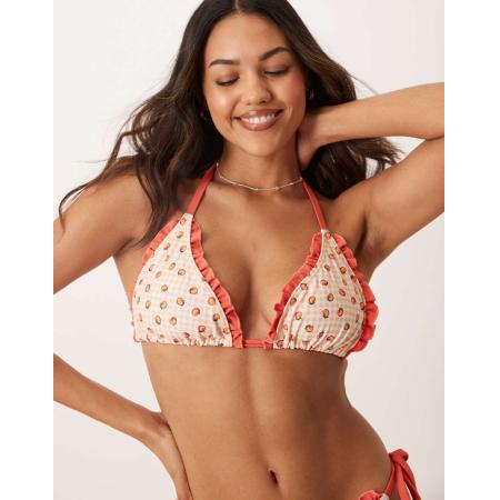 Peek & Beau Vollere Cupmaten Triangel bikinitopje met gingham ruit, perzikprint en gestrikte zijkanten in oranje