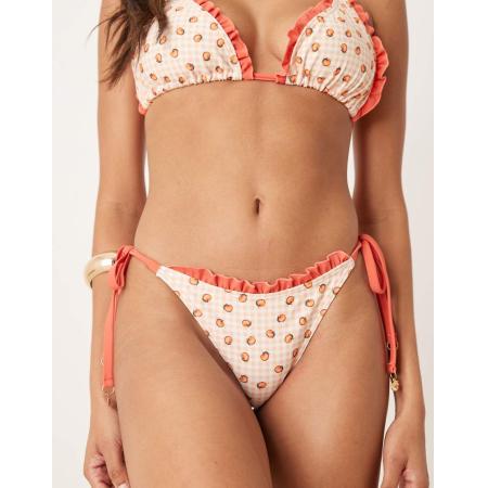 Peek & Beau Vollere Cupmaten Bikinibroekje met gingham ruit, perzikprint en gestrikte zijkanten in oranje